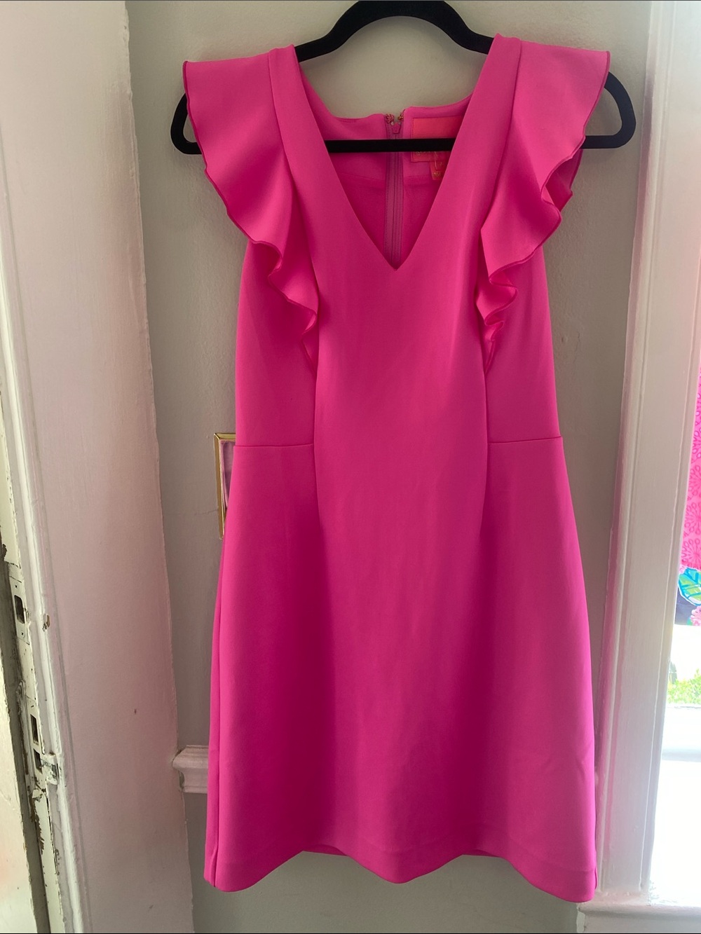 Lilly Pulitzer Hot Pink Ruffle Sleeve V-Neck Mini Dress